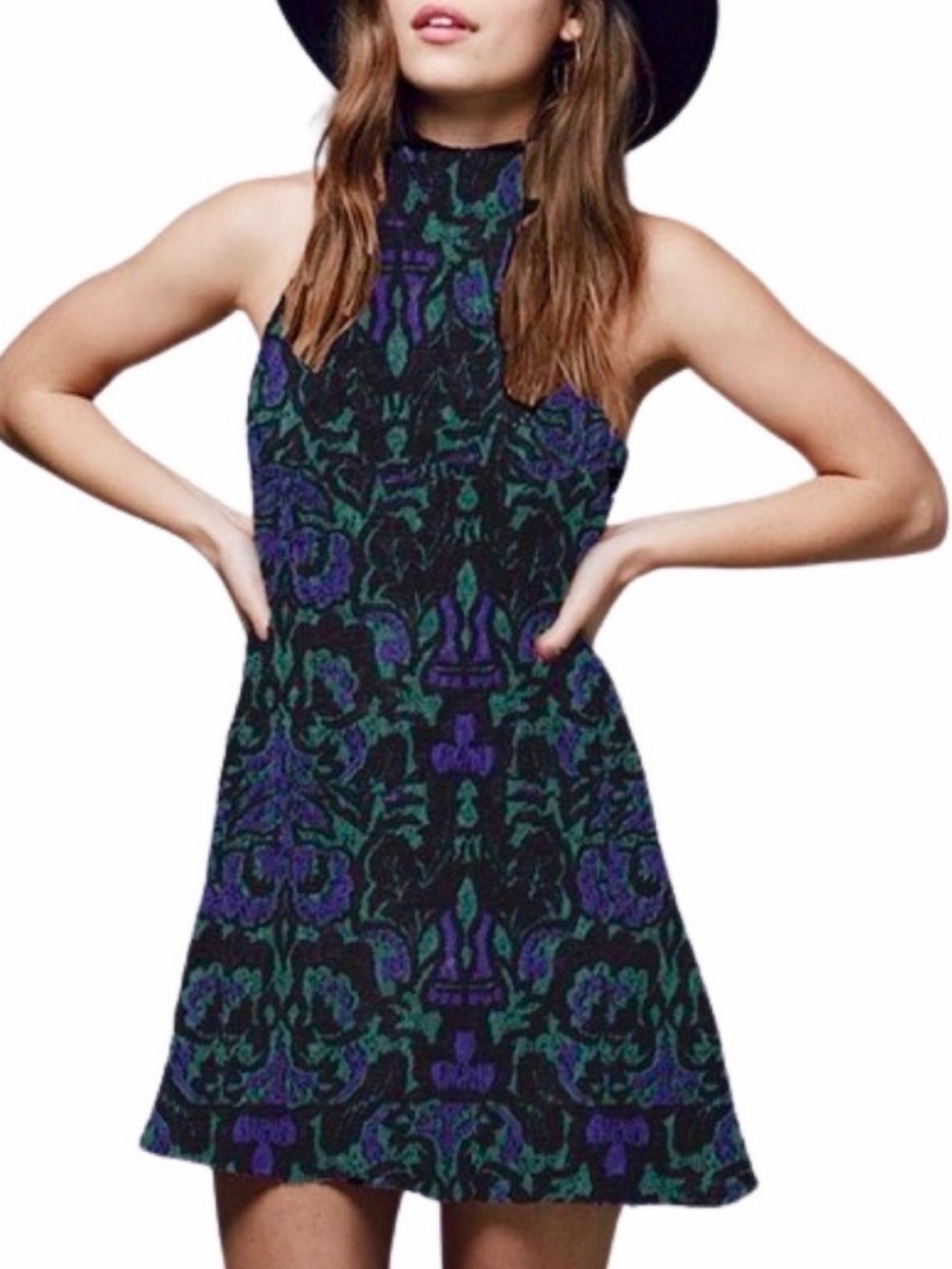 Free People Amelia Mini High Neck Fit & Flare in Blue Combo Size Medium